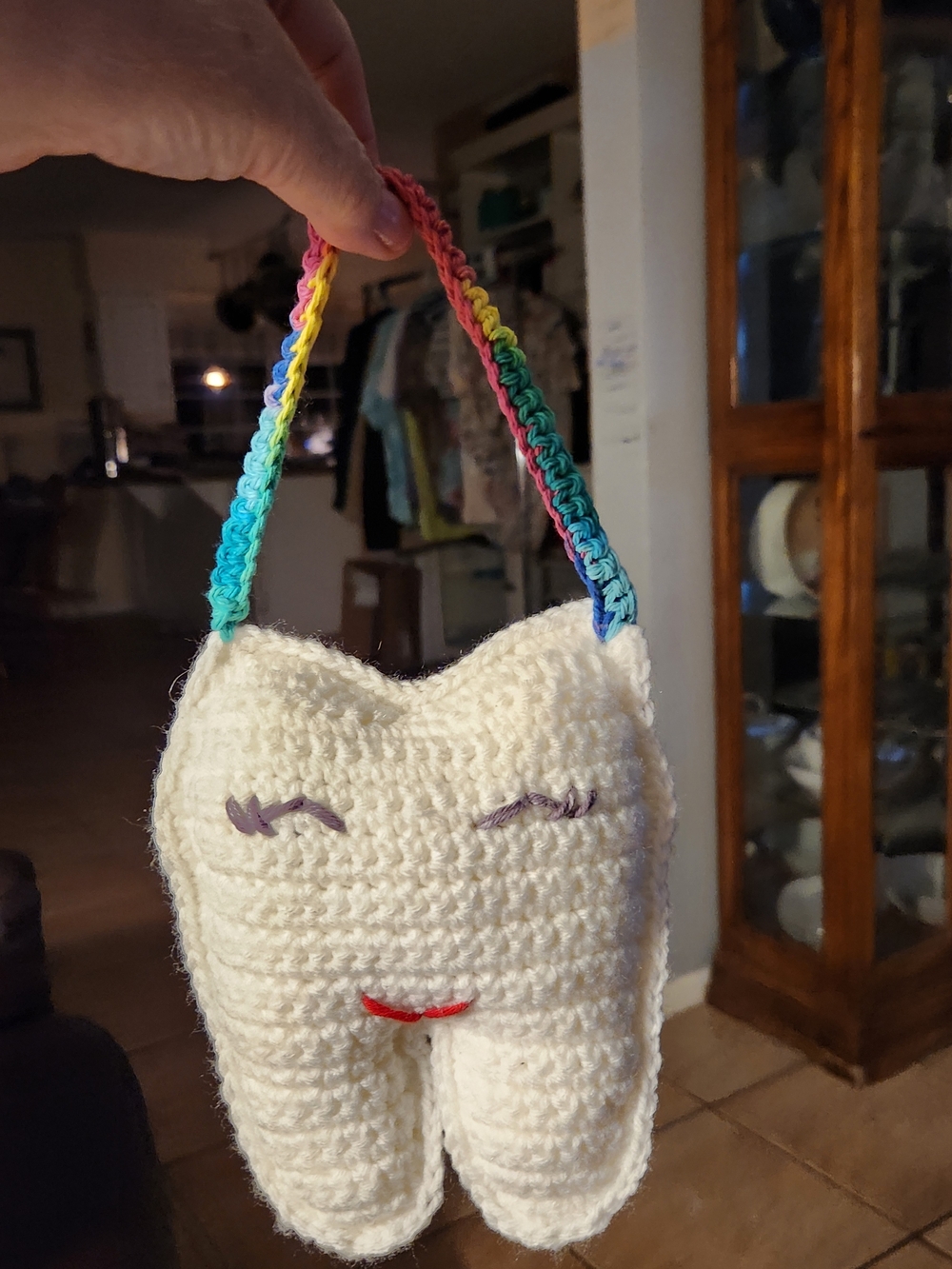 Handmade Crocheted Tooth Fairy Hanging Pillow with Rainbow Handle - White